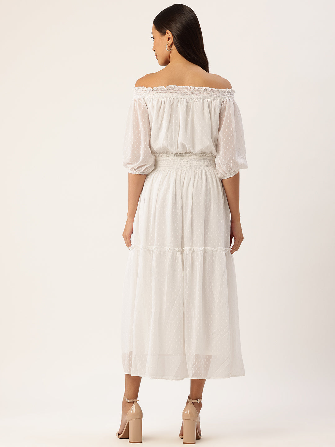 Off-Shoulder Chiffon Fit & Flare Midi Dress