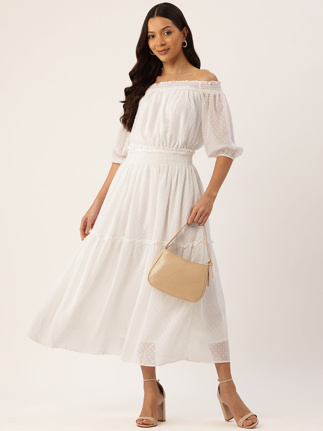 Off-Shoulder Chiffon Fit & Flare Midi Dress