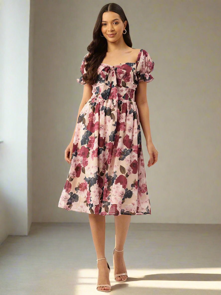 Floral Print Puff Sleeve Fit & Flare Dress