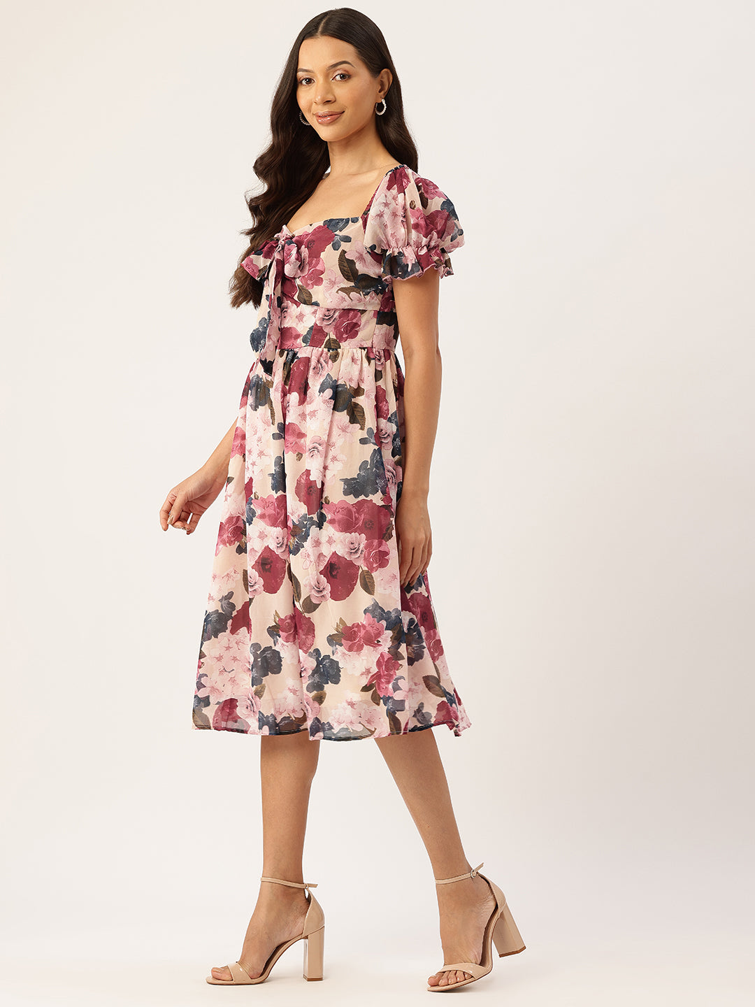 Floral Print Puff Sleeve Fit & Flare Dress