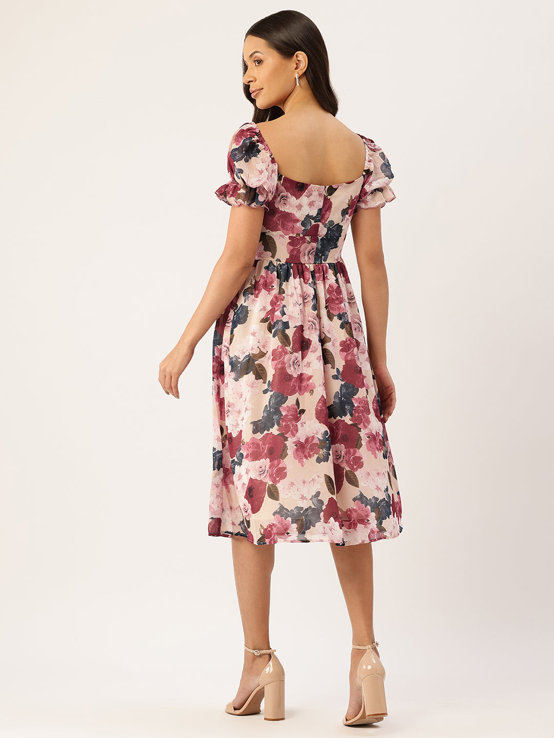 Floral Print Puff Sleeve Fit & Flare Dress