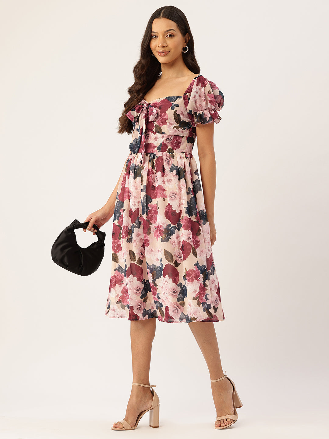 Floral Print Puff Sleeve Fit & Flare Dress