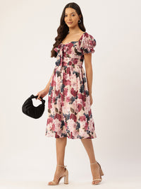 Thumbnail for Floral Print Puff Sleeve Fit & Flare Dress