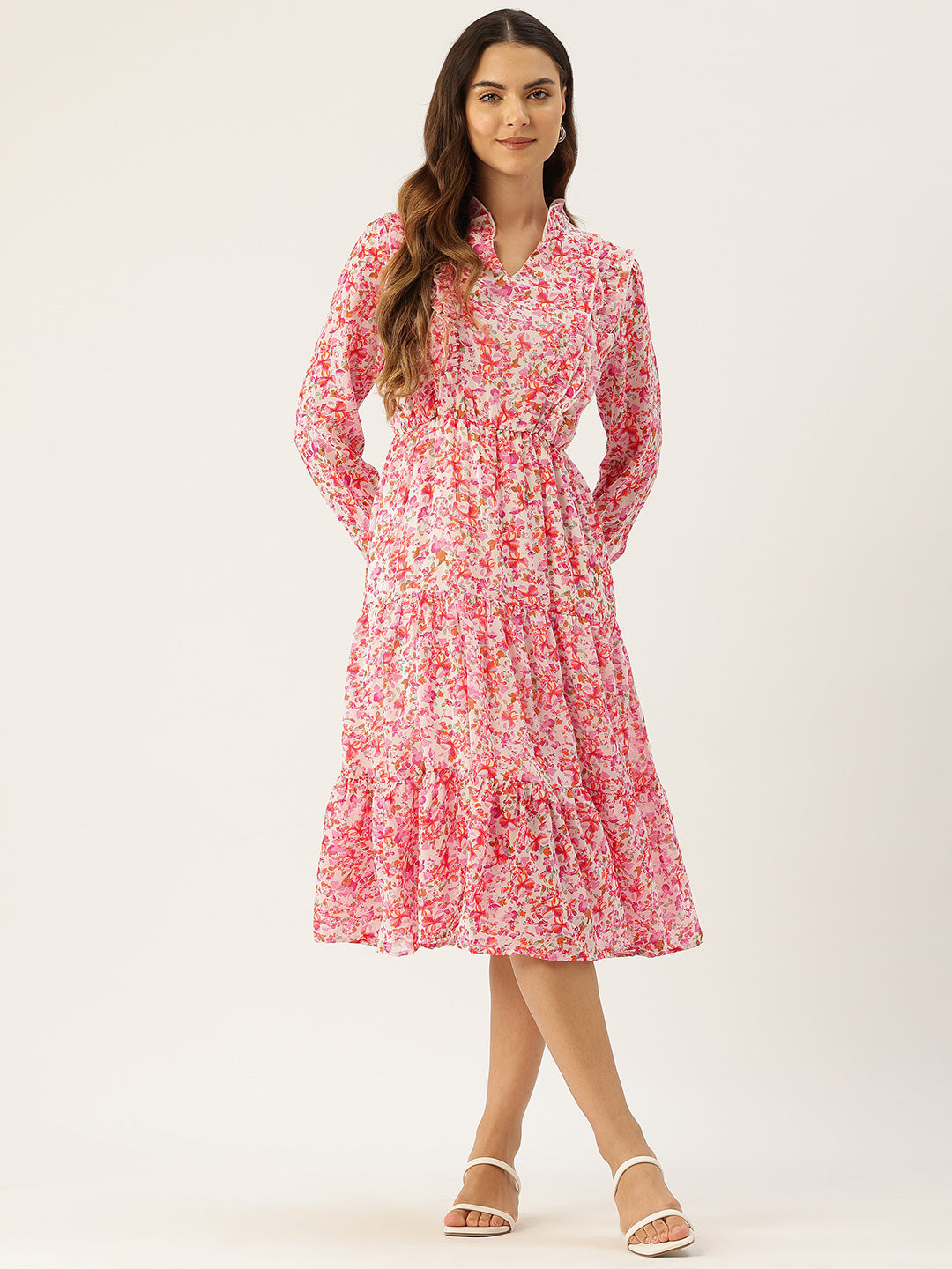 Floral Printed Ruffled Fit & Flare Midi Dress