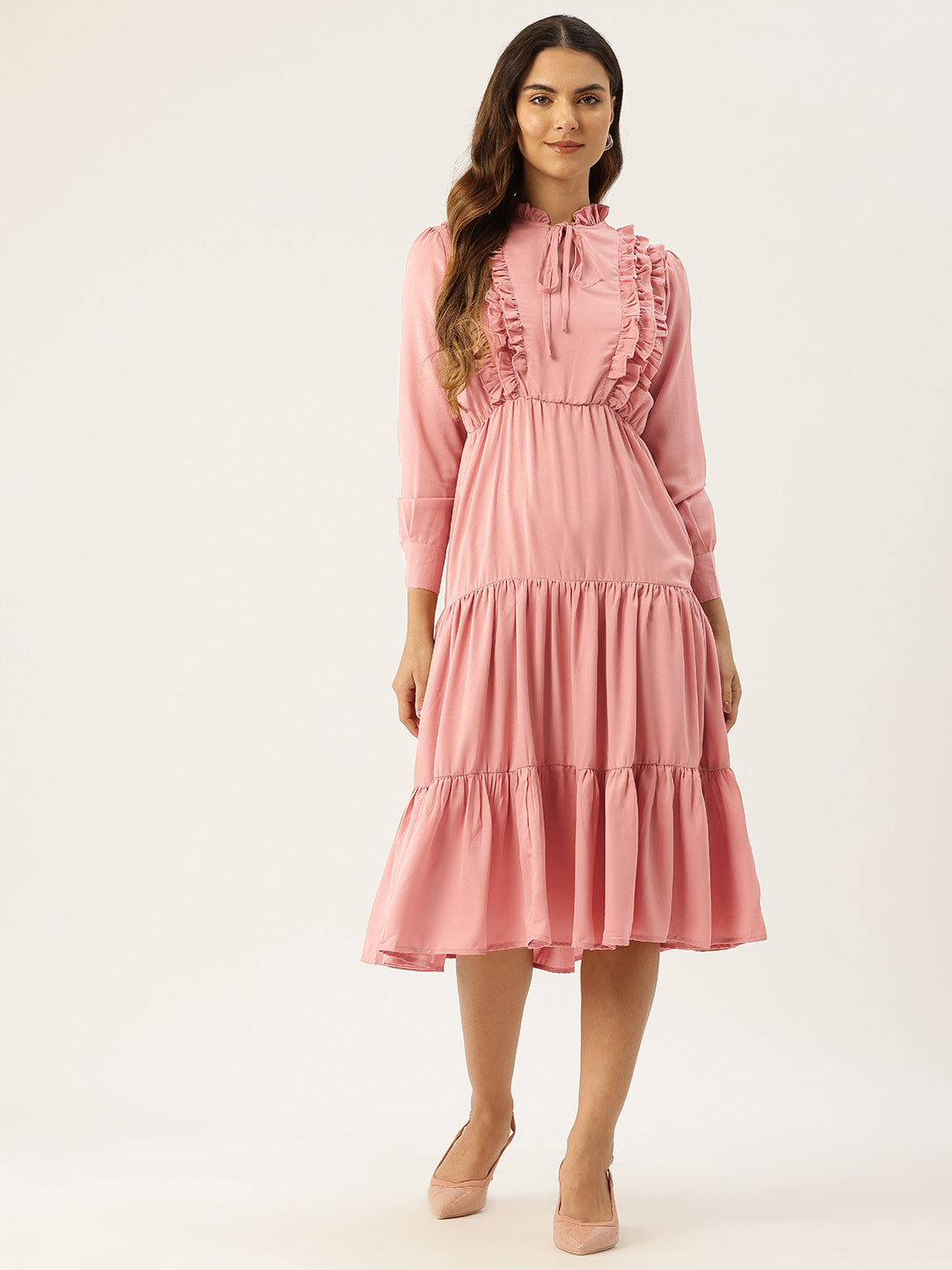 Tie-Up Neck Ruffled Fit & Flare Midi Dress