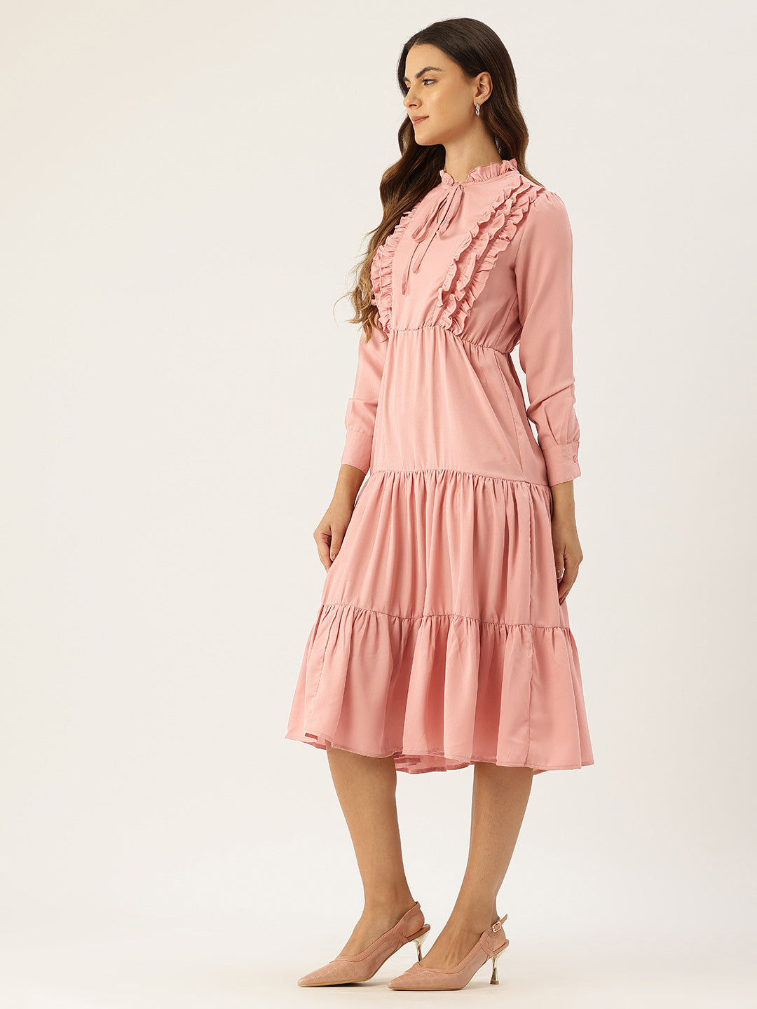 Tie-Up Neck Ruffled Fit & Flare Midi Dress