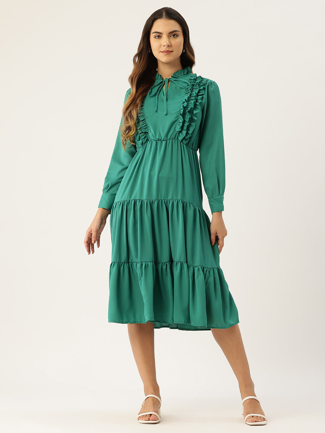 Tie-Up Neck Ruffled Fit & Flare Midi Dress