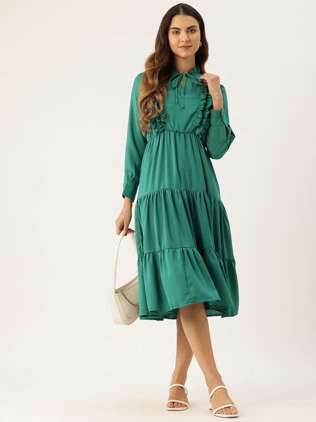 Tie-Up Neck Ruffled Fit & Flare Midi Dress