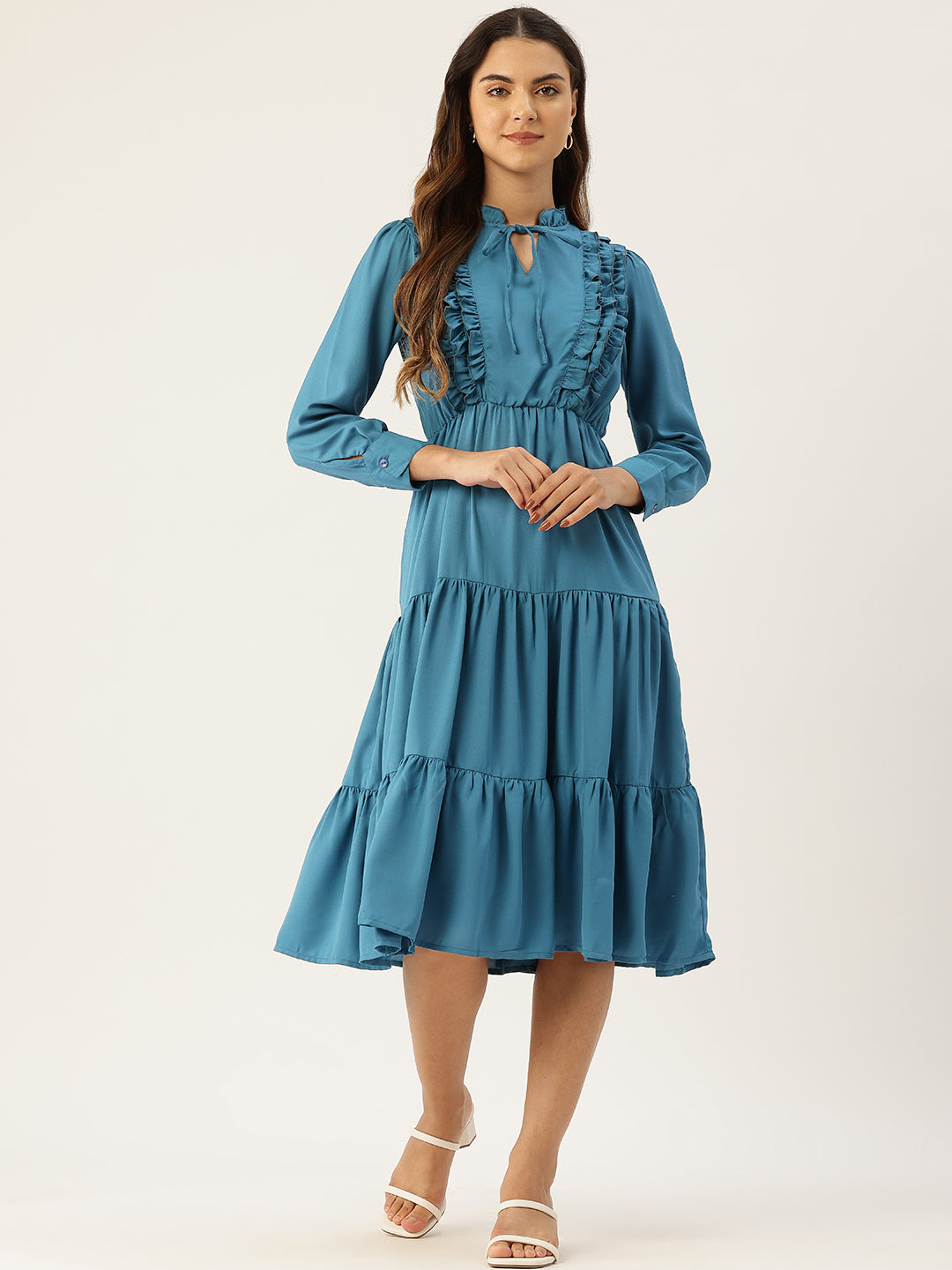 Tie-Up Neck Puff Sleeve Ruffled Fit & Flare Midi Dress