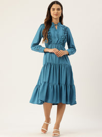 Thumbnail for Tie-Up Neck Puff Sleeve Ruffled Fit & Flare Midi Dress