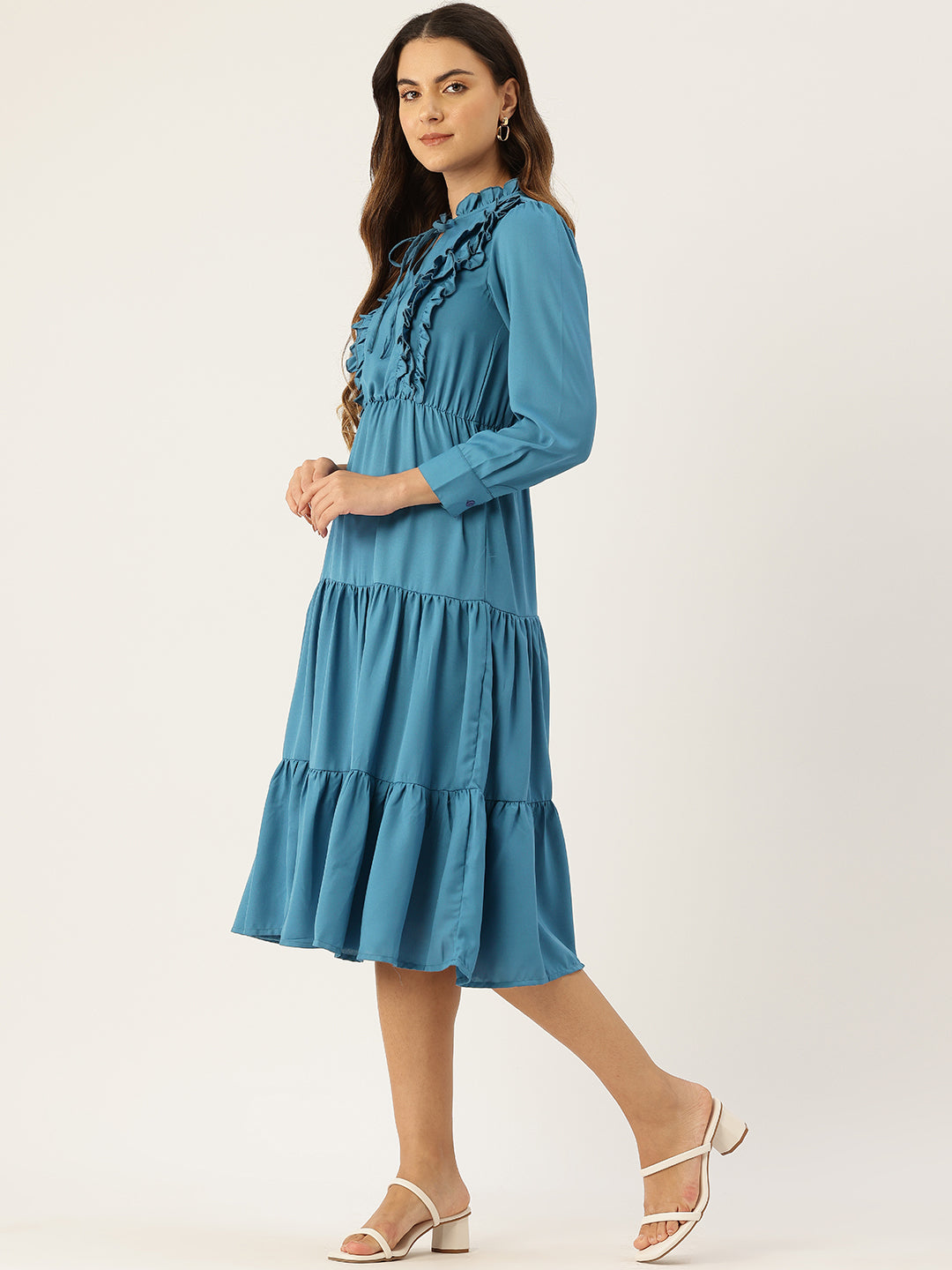 Tie-Up Neck Puff Sleeve Ruffled Fit & Flare Midi Dress