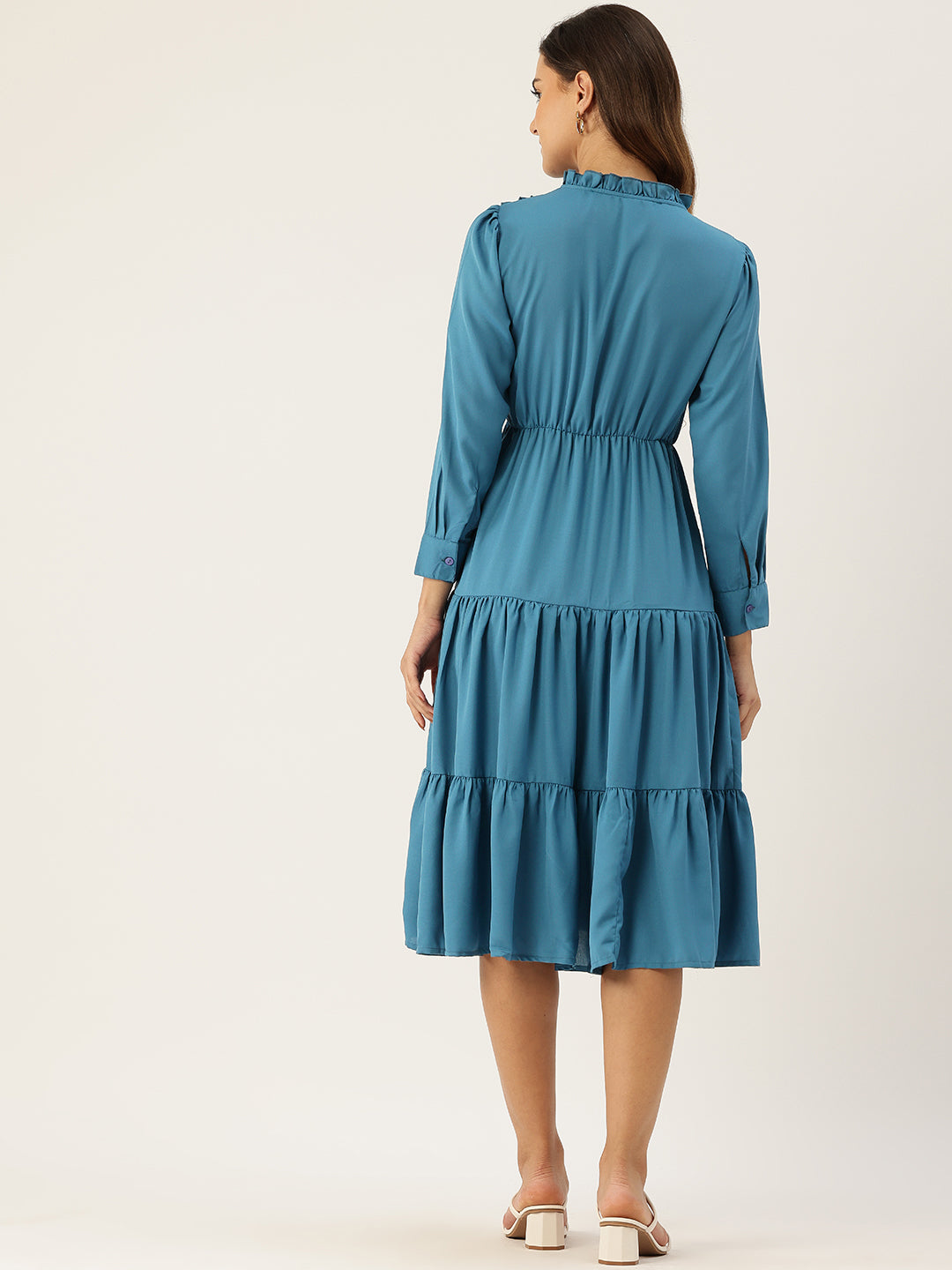 Tie-Up Neck Puff Sleeve Ruffled Fit & Flare Midi Dress