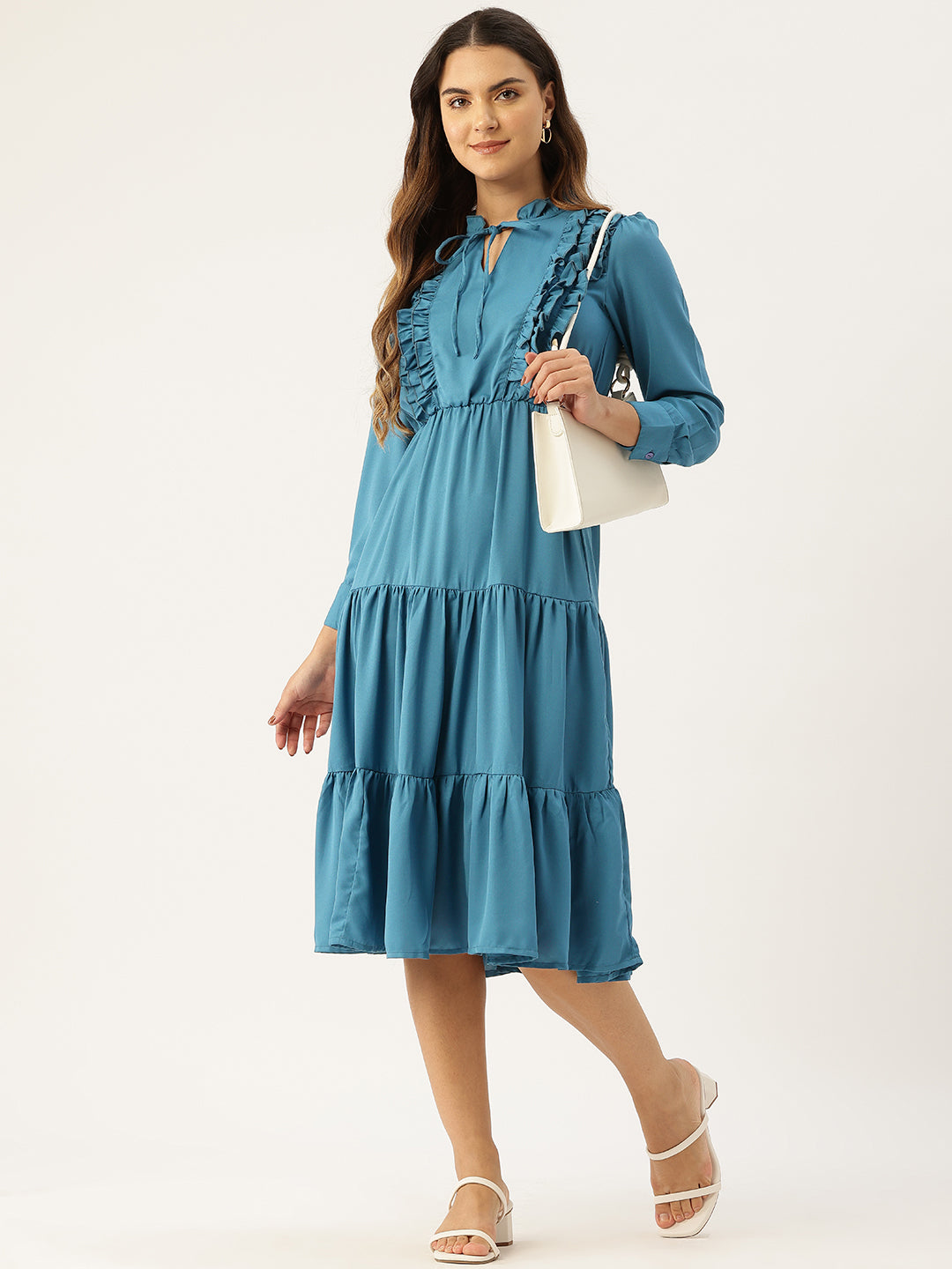 Tie-Up Neck Puff Sleeve Ruffled Fit & Flare Midi Dress