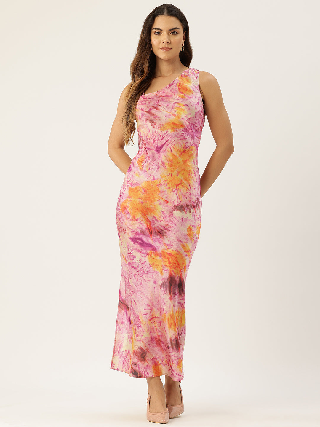 Printed One Shoulder Sheath Maxi Dress