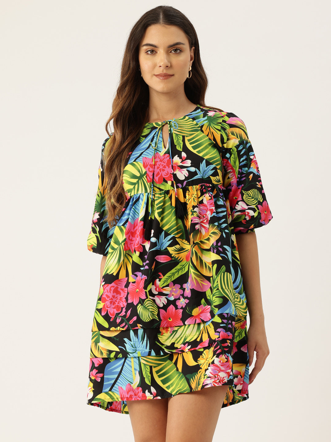 Tropical Print Tie-Up Neck Fit & Flare Mini Dress