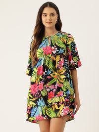 Thumbnail for Tropical Print Tie-Up Neck Fit & Flare Mini Dress