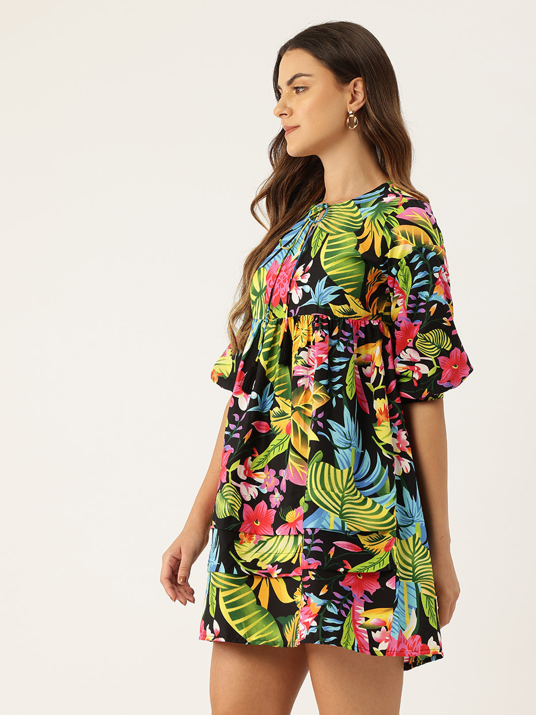 Tropical Print Tie-Up Neck Fit & Flare Mini Dress