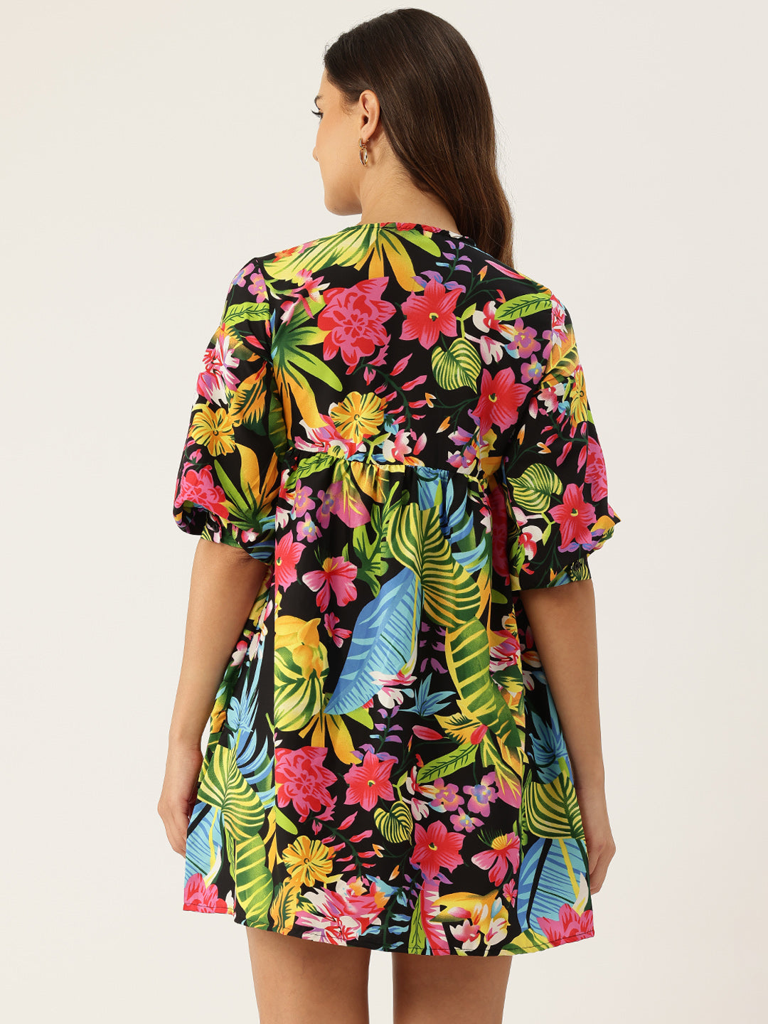 Tropical Print Tie-Up Neck Fit & Flare Mini Dress