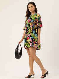 Thumbnail for Tropical Print Tie-Up Neck Fit & Flare Mini Dress