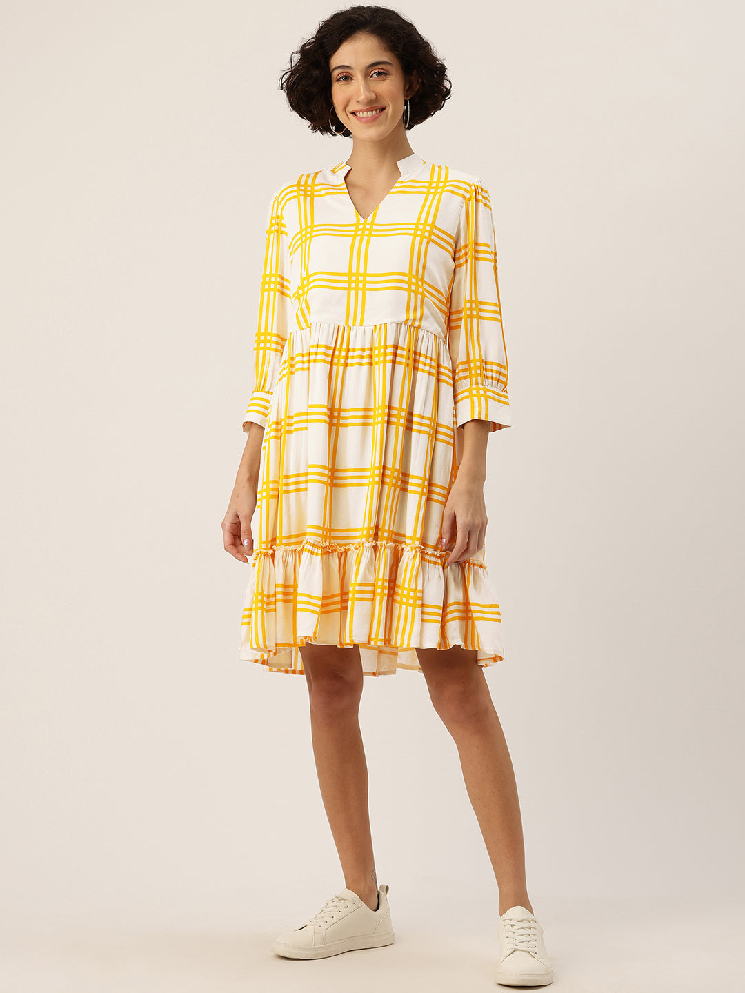 Checked Puff Sleeve Fit & Flare Dress