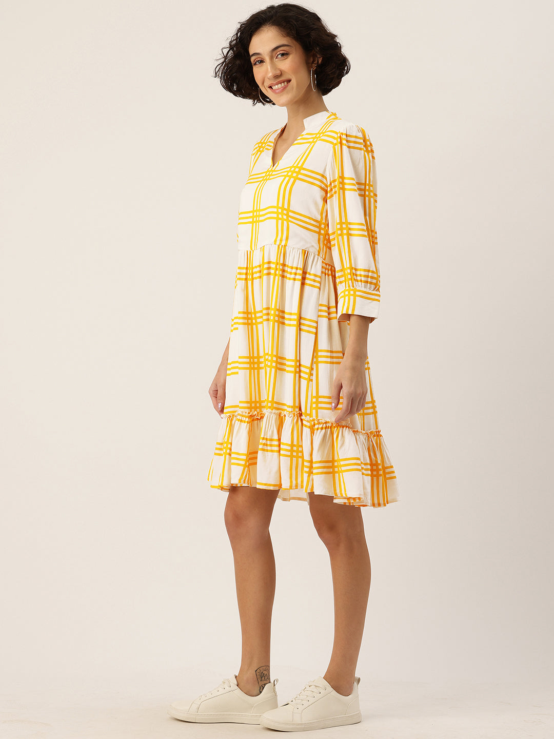 Checked Puff Sleeve Fit & Flare Dress