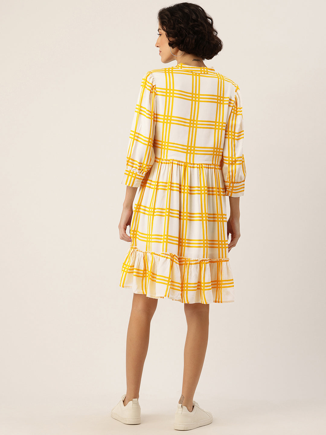 Checked Puff Sleeve Fit & Flare Dress