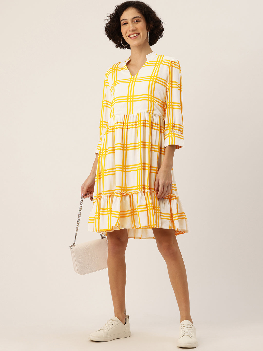 Checked Puff Sleeve Fit & Flare Dress