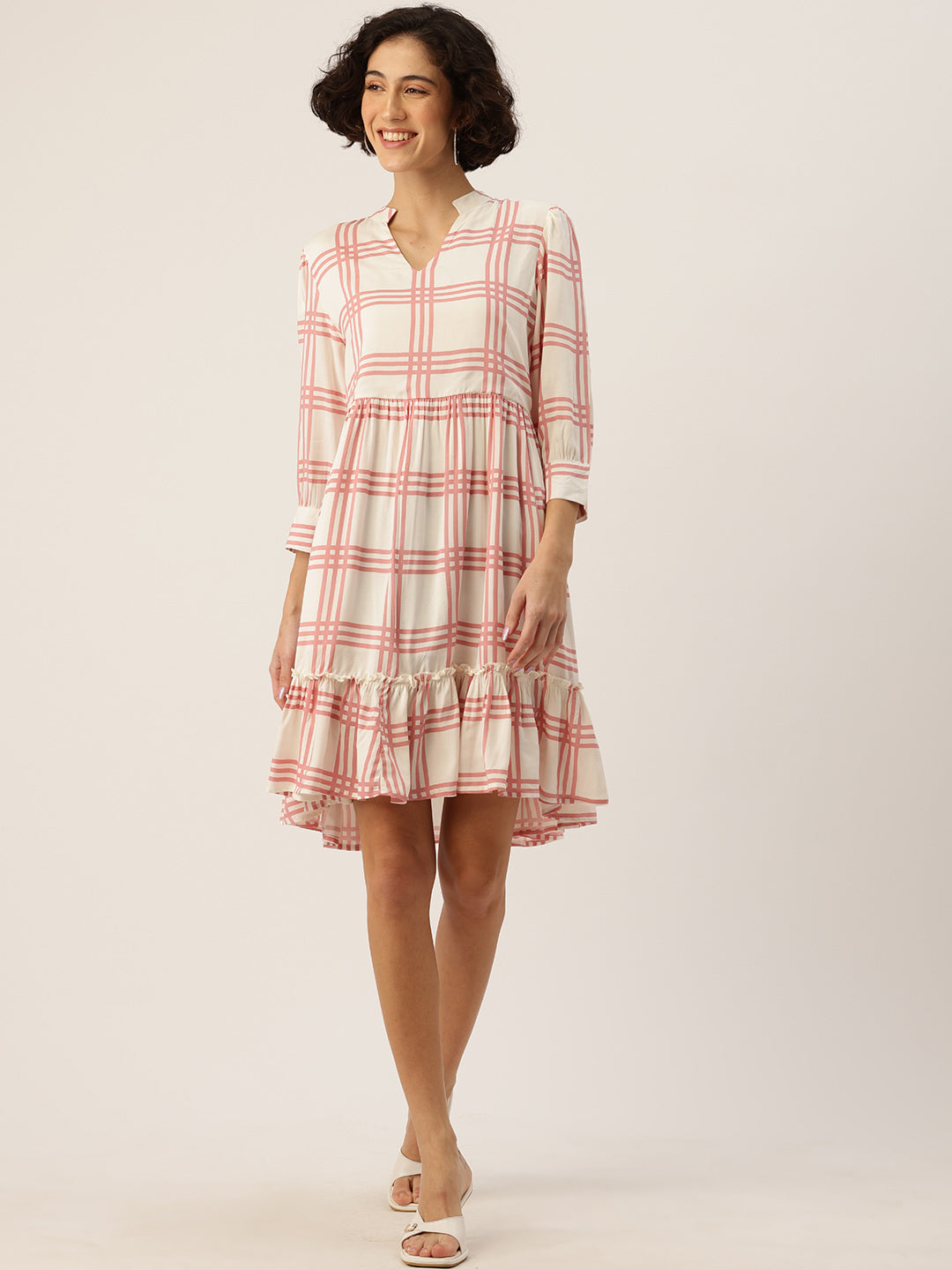 Checked Mandarin Collar A-Line Dress