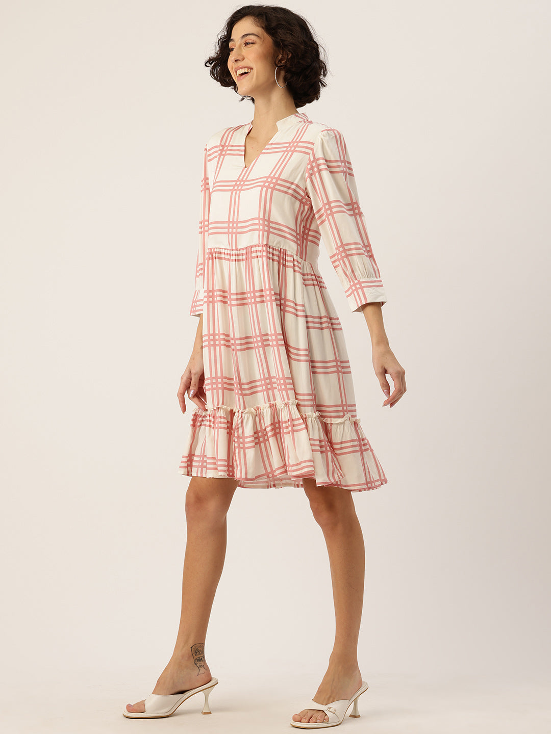 Checked Mandarin Collar A-Line Dress