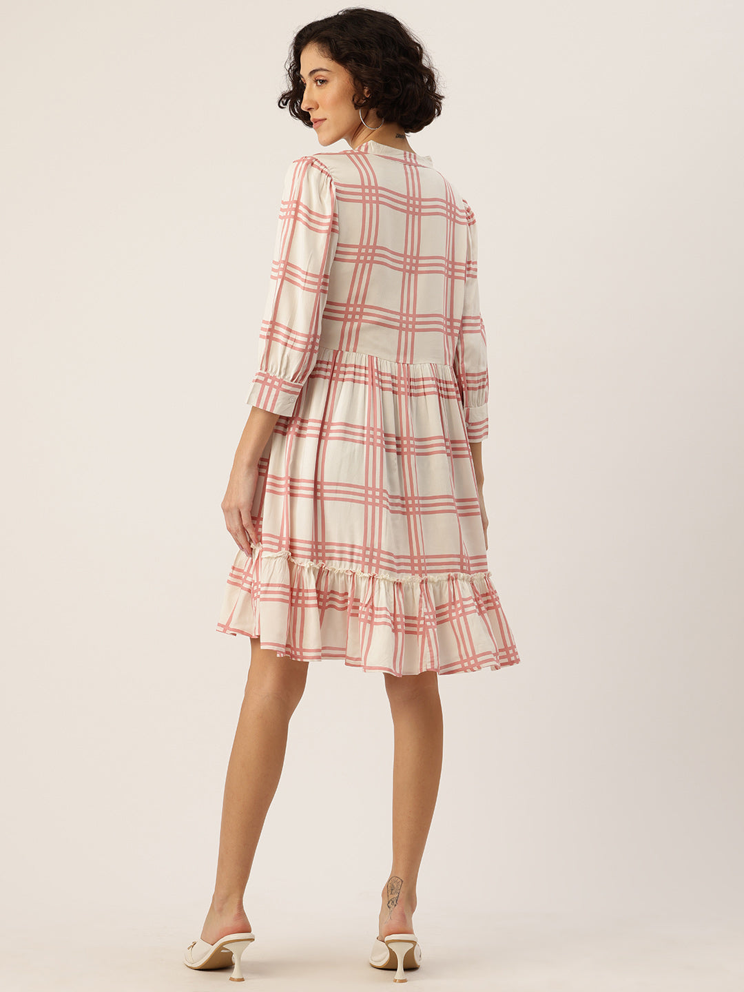 Checked Mandarin Collar A-Line Dress