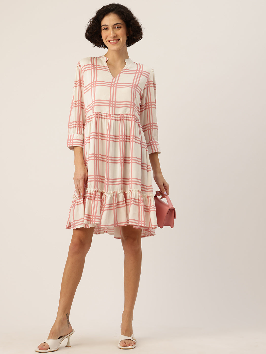 Checked Mandarin Collar A-Line Dress