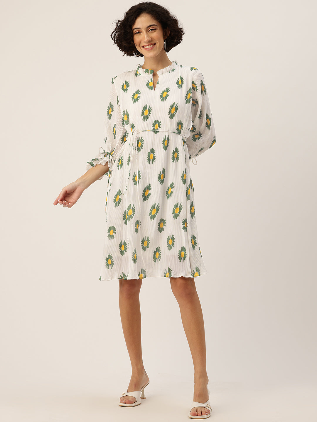 Floral Print Puff Sleeves A-Line Dress with Tie-Up Detail