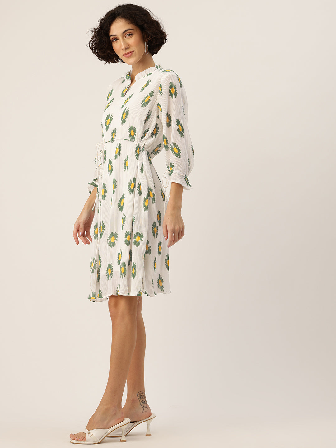 Floral Print Puff Sleeves A-Line Dress with Tie-Up Detail