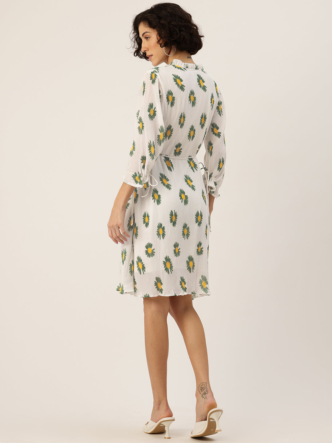 Floral Print Puff Sleeves A-Line Dress with Tie-Up Detail