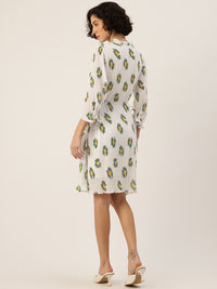 Thumbnail for Floral Print Puff Sleeves A-Line Dress with Tie-Up Detail