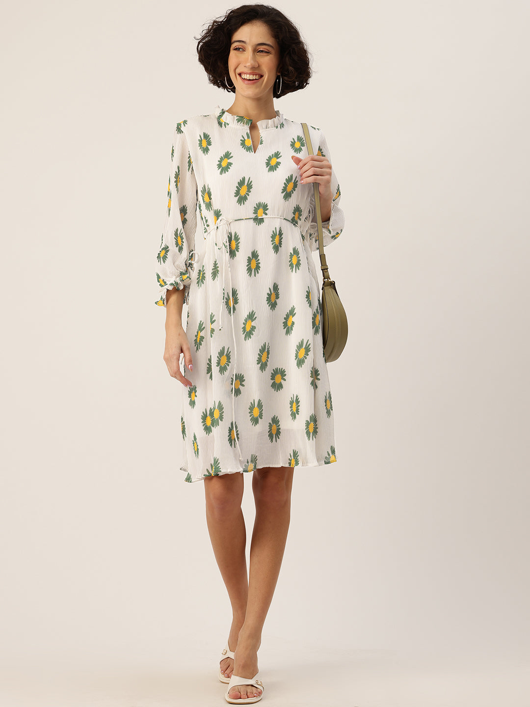 Floral Print Puff Sleeves A-Line Dress with Tie-Up Detail