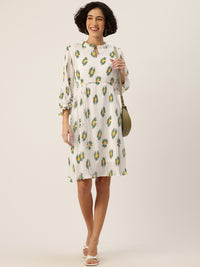 Thumbnail for Floral Print Puff Sleeves A-Line Dress with Tie-Up Detail