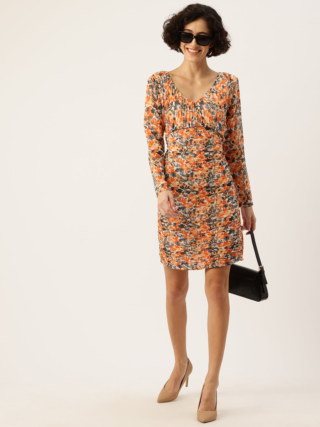 Floral Printed Pleated Detail Sheath Mini Dress