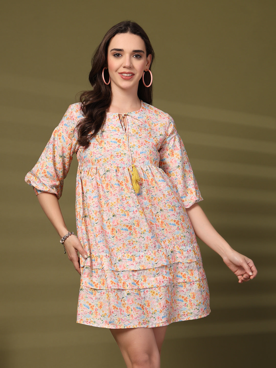 Floral Print Tie-Up Neck Flared Sleeve A-Line Dress