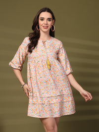 Thumbnail for Floral Print Tie-Up Neck Flared Sleeve A-Line Dress