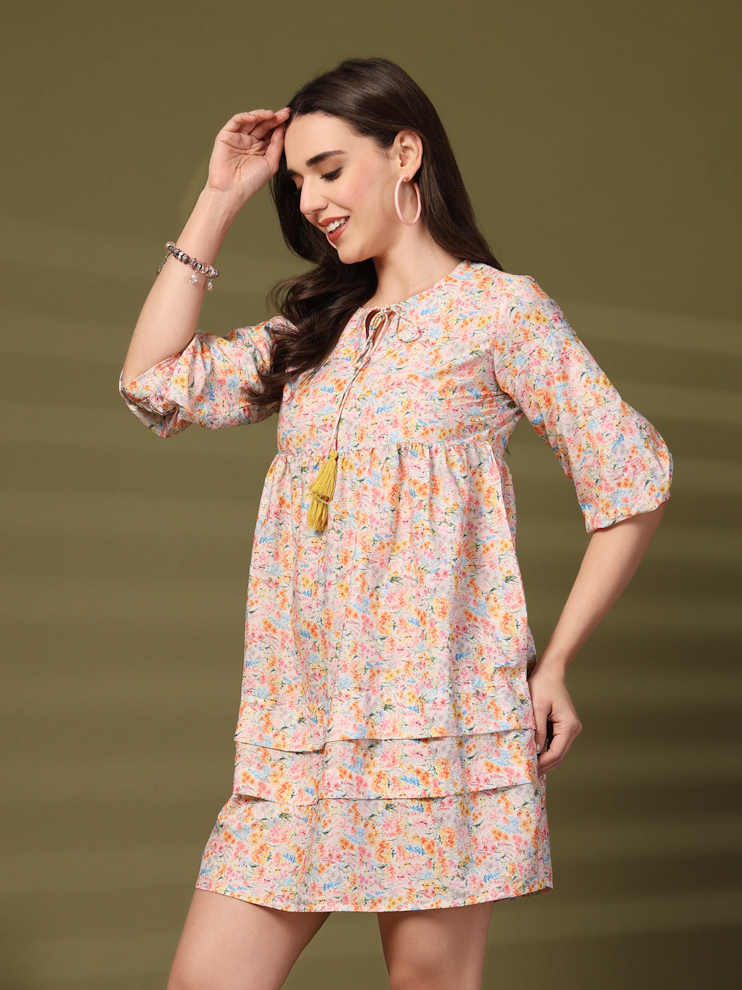 Floral Print Tie-Up Neck Flared Sleeve A-Line Dress