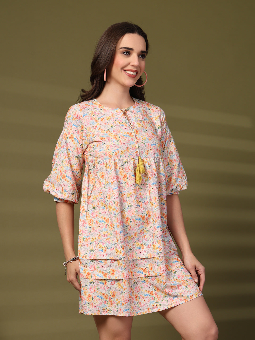 Floral Print Tie-Up Neck Flared Sleeve A-Line Dress