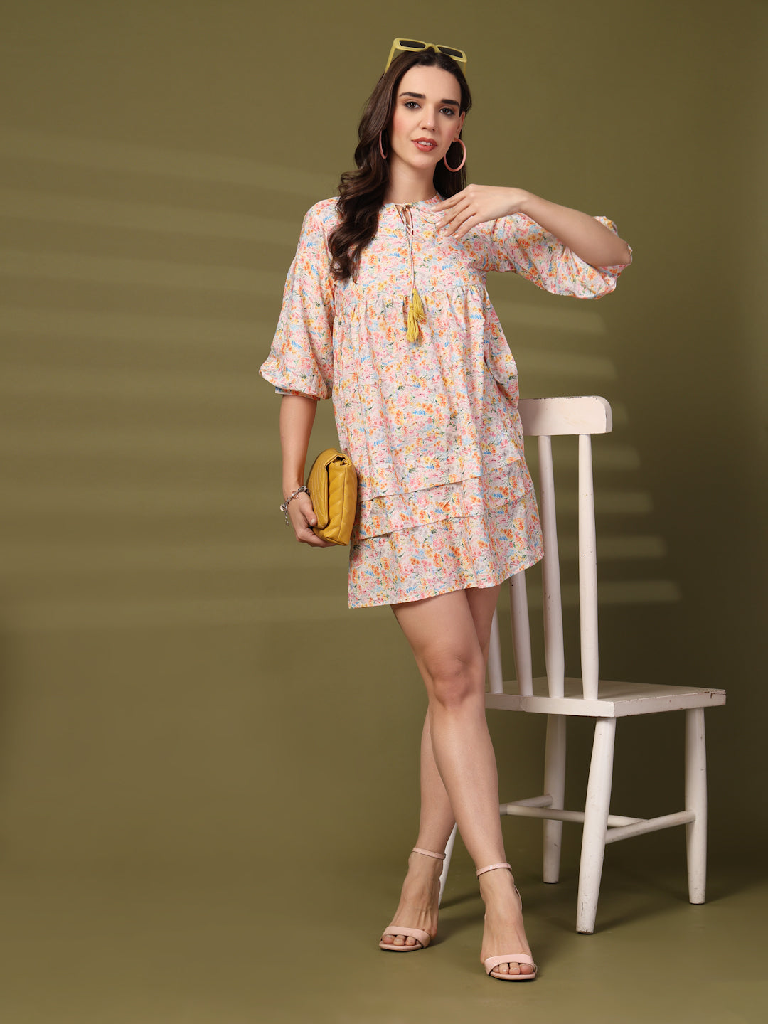 Floral Print Tie-Up Neck Flared Sleeve A-Line Dress