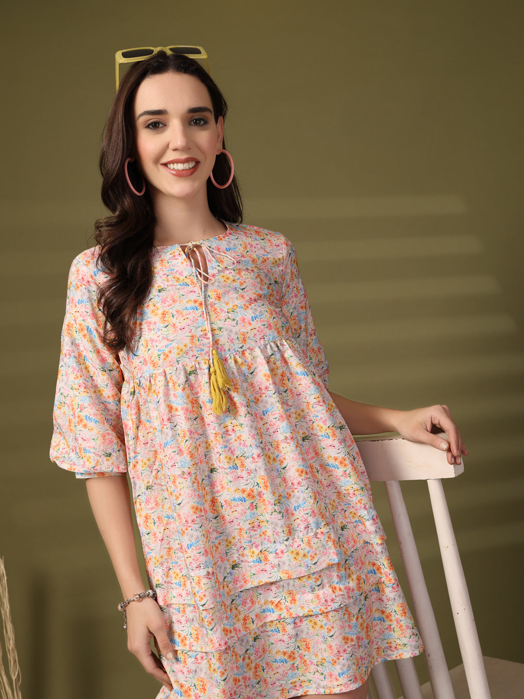 Floral Print Tie-Up Neck Flared Sleeve A-Line Dress