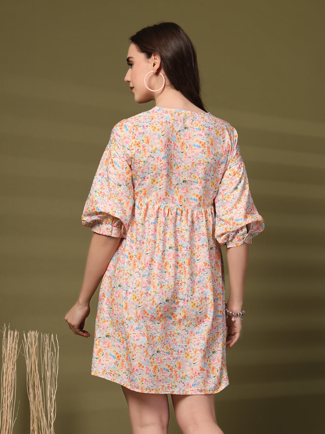 Floral Print Tie-Up Neck Flared Sleeve A-Line Dress