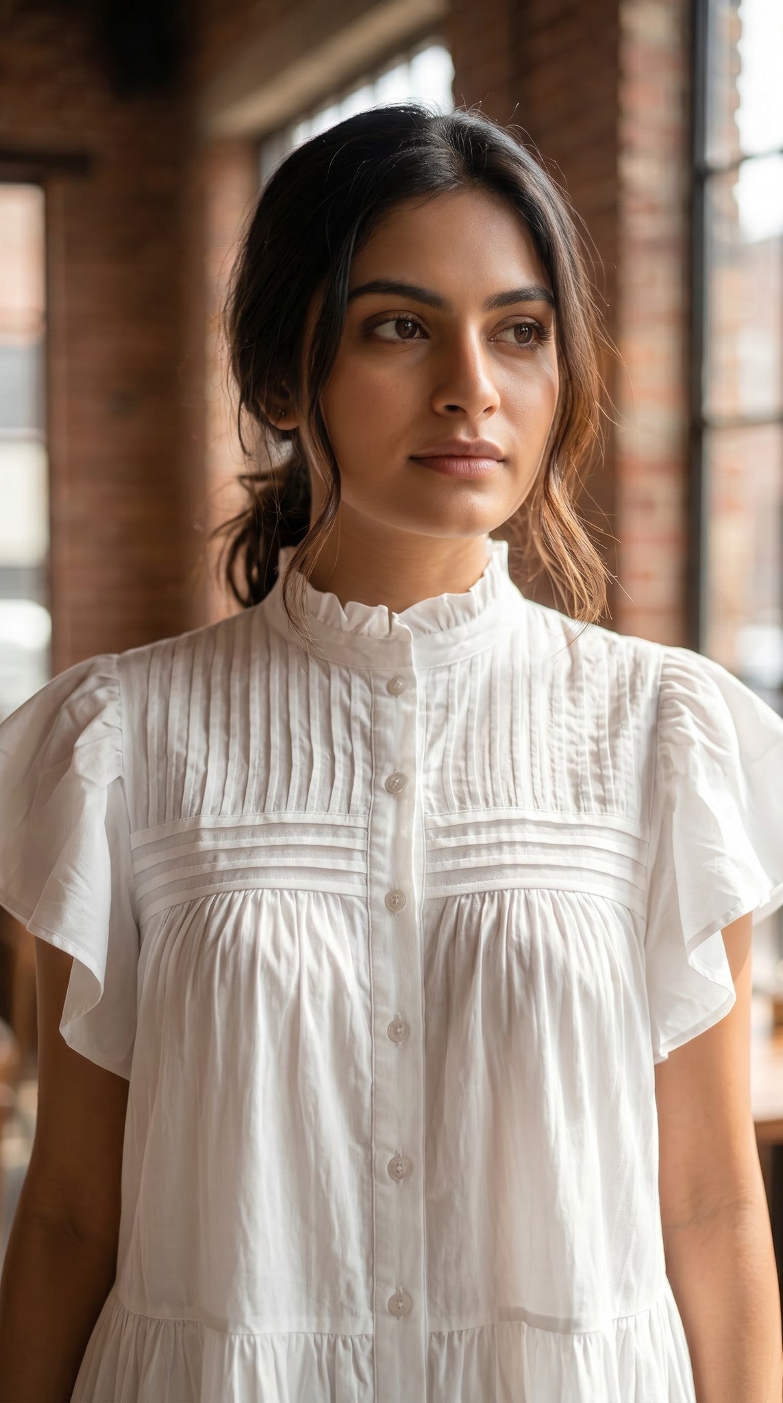 Women's White Pintuck Tiered Mini Dress with Flutter Sleeves