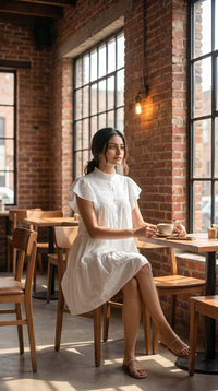 Thumbnail for Women's White Pintuck Tiered Mini Dress with Flutter Sleeves