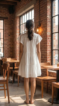 Thumbnail for Women's White Pintuck Tiered Mini Dress with Flutter Sleeves