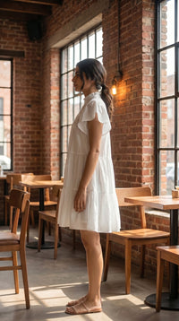 Thumbnail for Women's White Pintuck Tiered Mini Dress with Flutter Sleeves