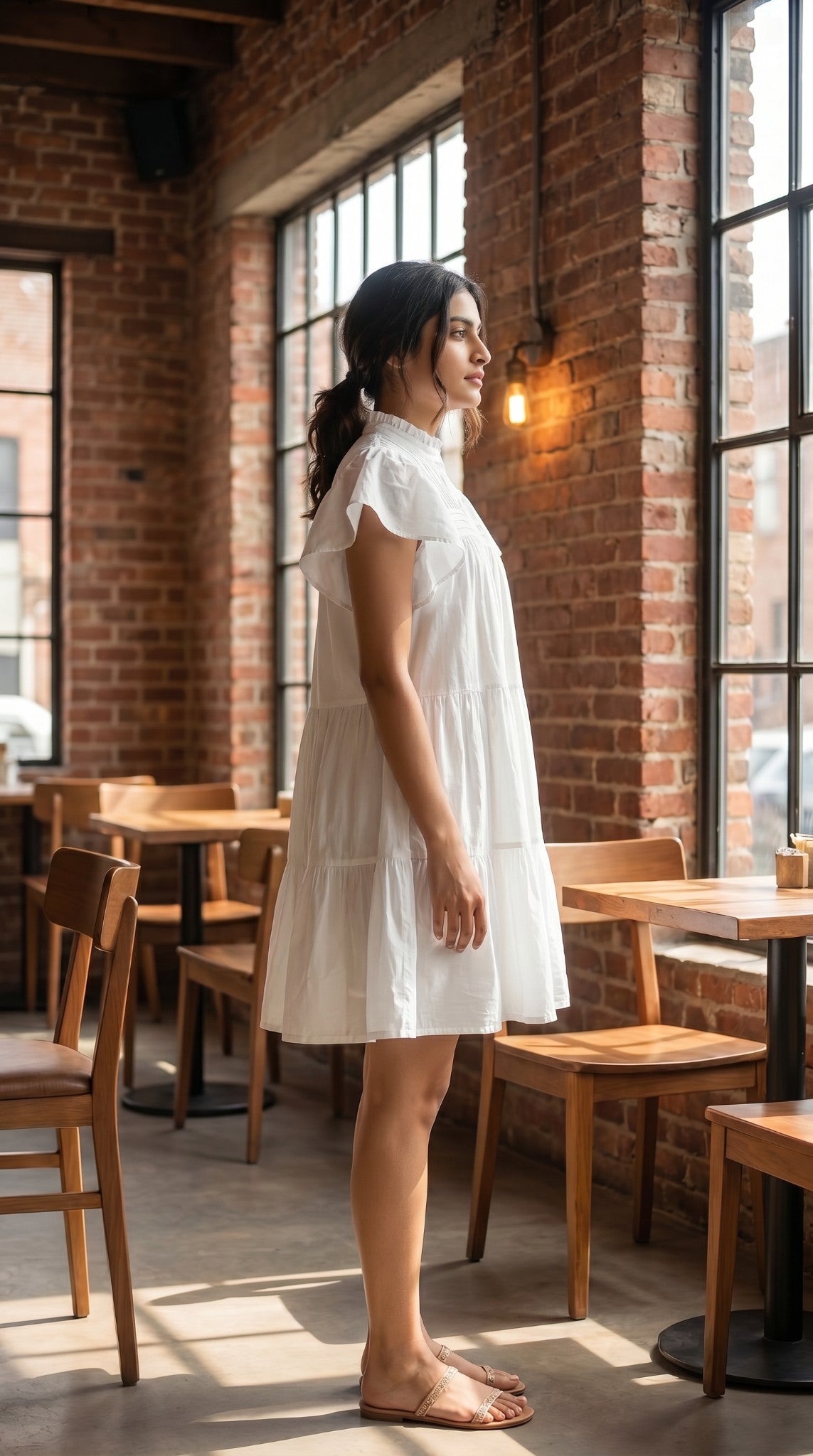 Women's White Pintuck Tiered Mini Dress with Flutter Sleeves
